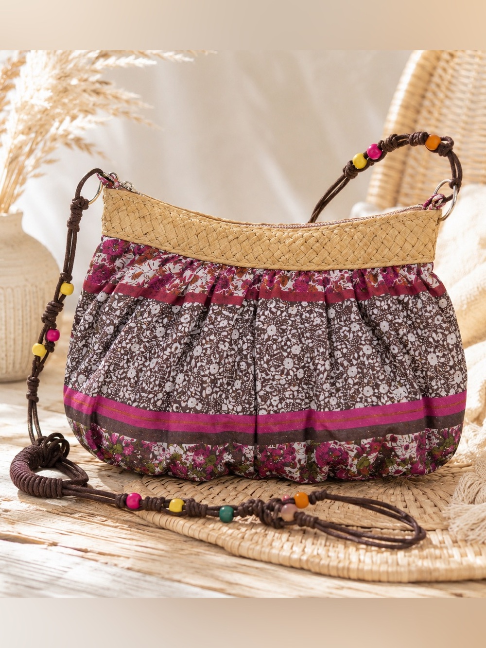 Boho Floral Cotton Crossbody Bag Beaded Strap Woven Trim Multicolor | Small